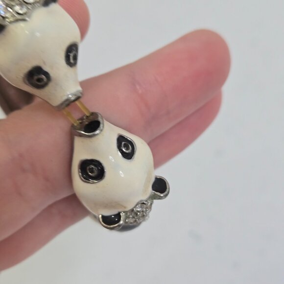Vintage 80s Panda Bracelet Enamel Rhinestone Stretch Bangle Figural Silver Tone - Picture 4 of 10